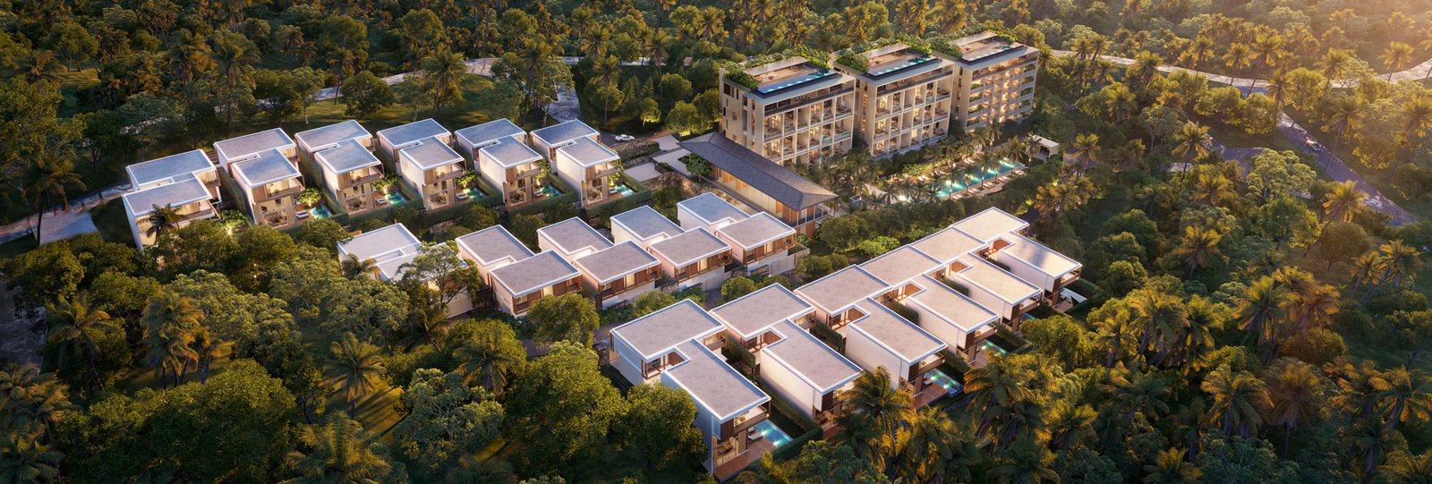 Kiara Reserve Residences — villa rows on the hillside from above